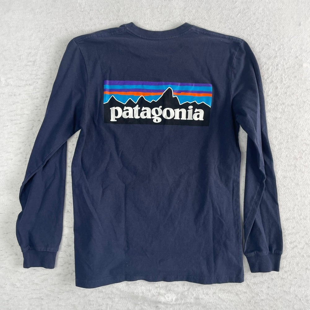 Patagonia Long Sleeve Shirt Mens XS Navy Blue P-6 Logo Responsibili-Tee Graphic